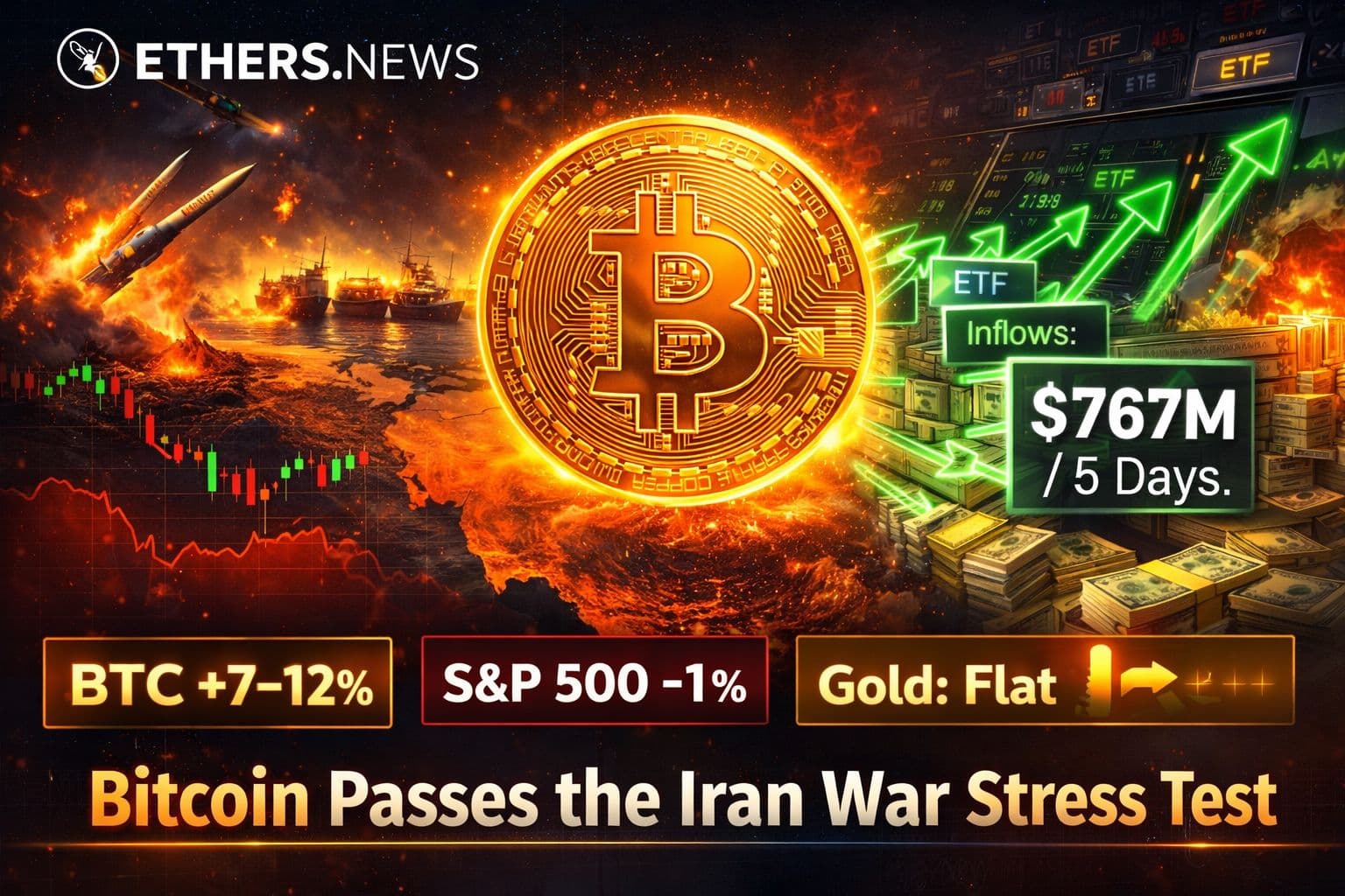 Bitcoin Passes the Iran War Stress Test: +7–12% vs. the S&P 500's -1% and Gold's Flat — As the First Five-Day ETF Inflow Streak of 2026 Totals $767 Million and the Macro Thesis Crystallizes in Real Time