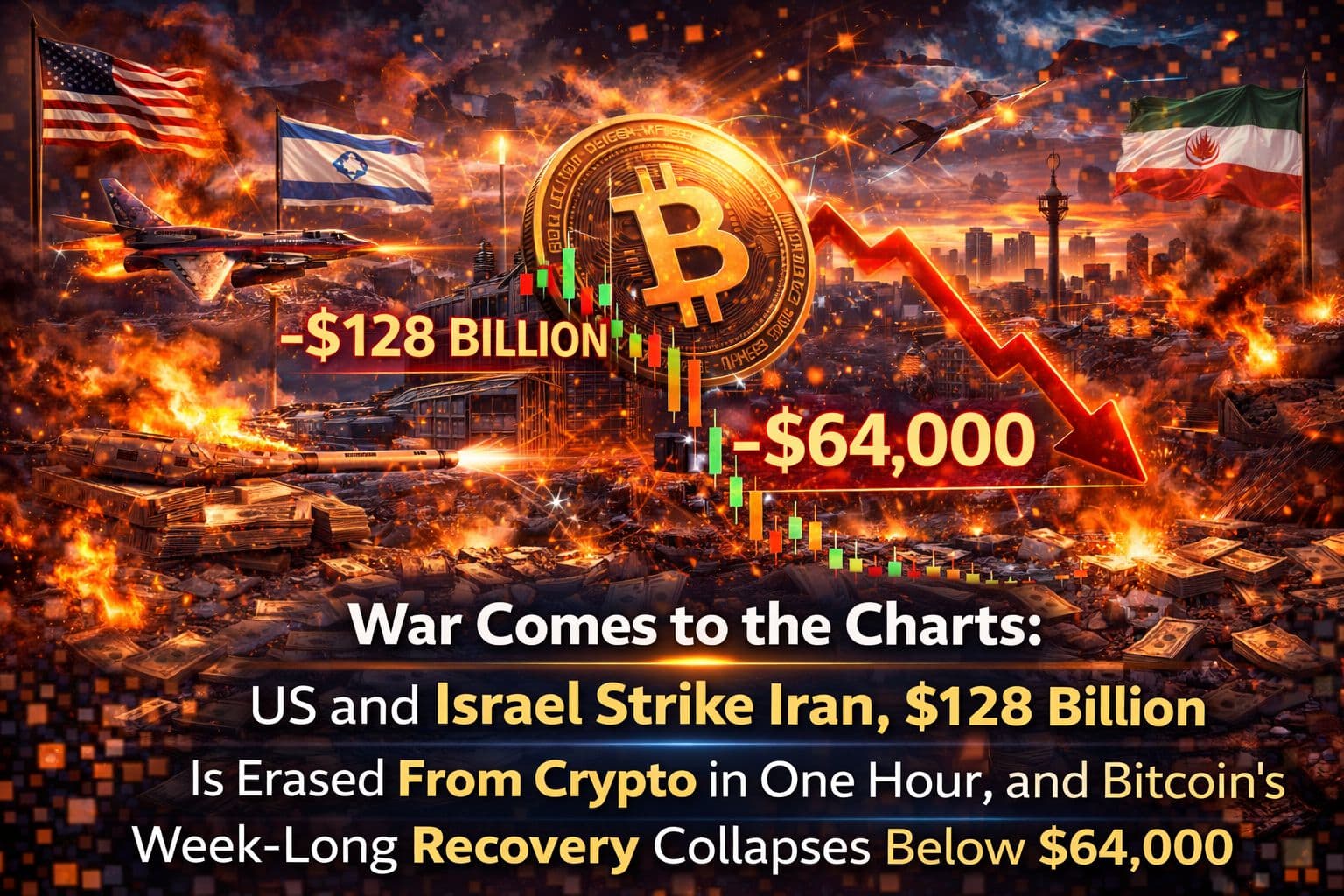 War Comes to the Charts: US and Israel Strike Iran, $128 Billion Is Erased From Crypto in One Hour, and Bitcoin's Week-Long Recovery Collapses Below $64,000