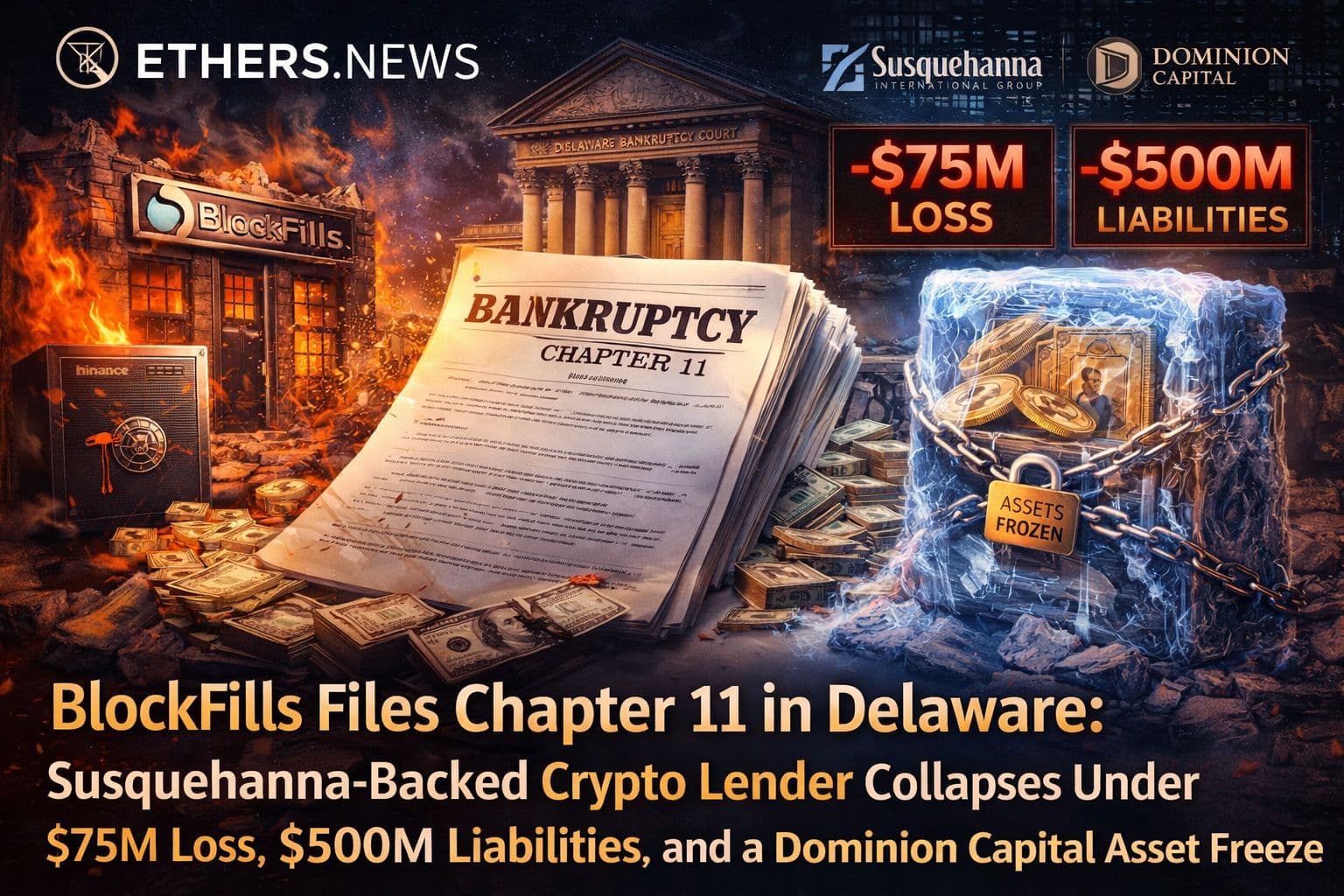 BlockFills Files Chapter 11 in Delaware: Susquehanna-Backed Institutional Crypto Lender Collapses Under $75M Lending Loss, $500M Liabilities Cap, Frozen Client Withdrawals, and a Dominion Capital Asset Freeze on 70.6 Bitcoin