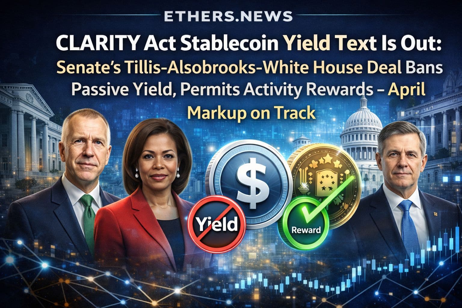 Senate's Stablecoin Yield Deal Is Sealed: The CLARITY Act's Tillis-Alsobrooks-White House Compromise Bans Passive Yield, Permits Activity Rewards, and Sets a Late April Markup — The Most Consequential Regulatory Line in US Crypto Finance Since the GENIUS Act Is Now on Paper
