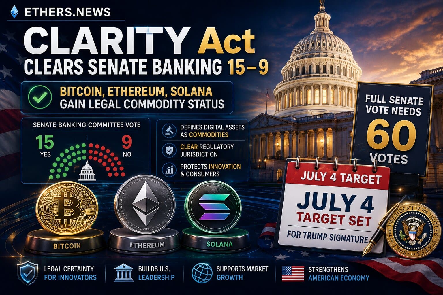 CLARITY Act Clears Senate Banking 15–9: Bitcoin, Ethereum, Solana Gain Legal Commodity Status — Full Senate Vote Needs 60, July 4 Target Set for Trump Signature