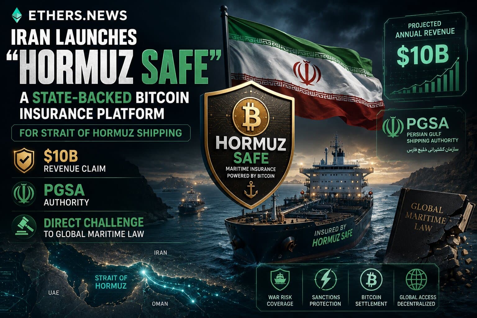 Iran Unveils "Hormuz Safe" — A Ministry of Economy-Backed, Bitcoin-Settled Maritime Insurance Platform for the Strait of Hormuz That Claims $10 Billion in Revenue, Establishes the Persian Gulf Strait Authority, and Directly Challenges the Dollar-Denominated Global Shipping Insurance Order