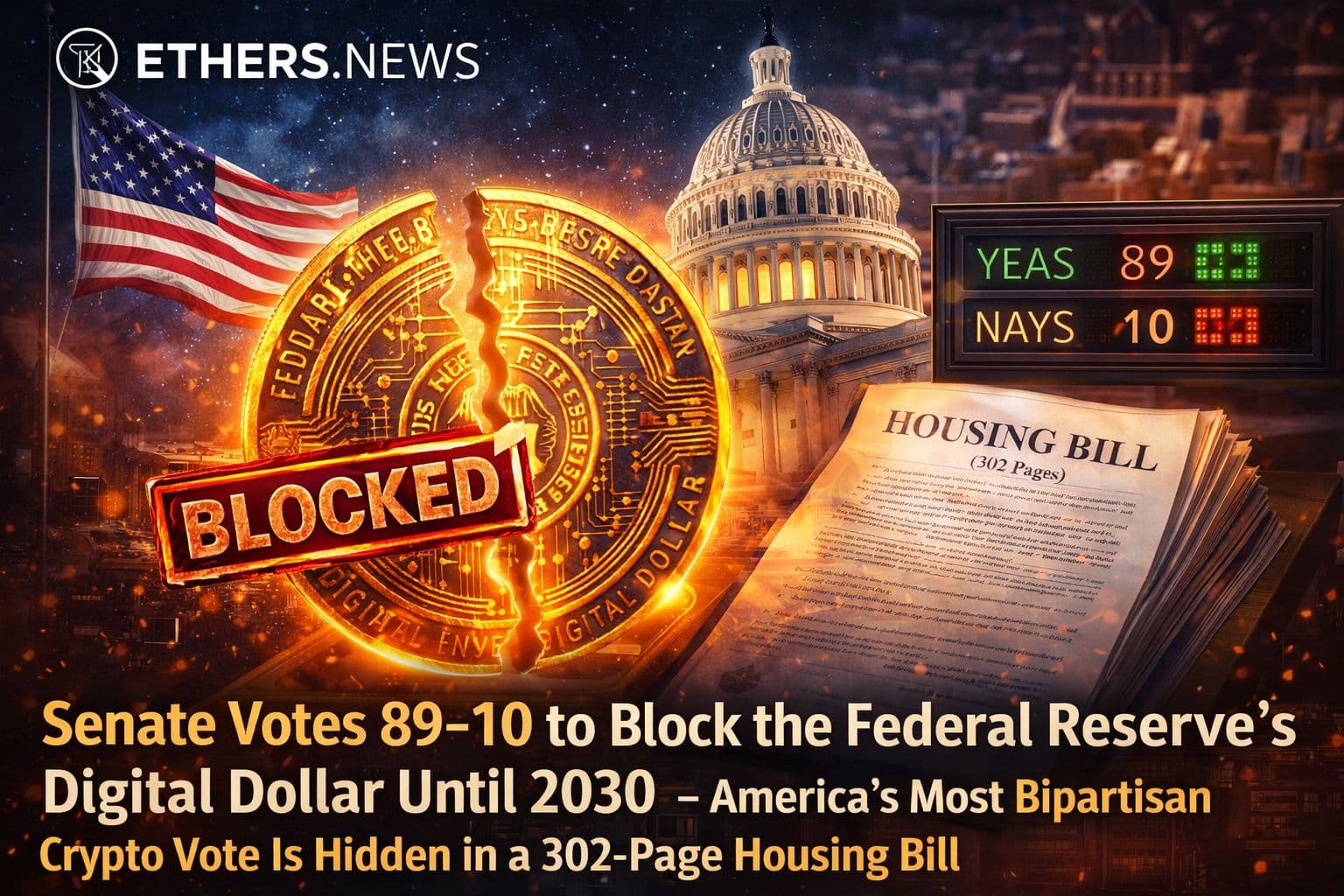 Senate Votes 89–10 to Block the Federal Reserve's Digital Dollar Until 2030 — America's Most Bipartisan Crypto Vote Is Hidden in a 302-Page Housing Bill